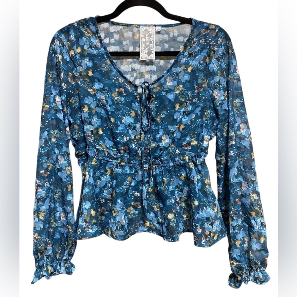SADIE AND SAGE LINED TEAL FLORAL BLOUSE - SIZE S - EUC Fairy Ethereal Boho